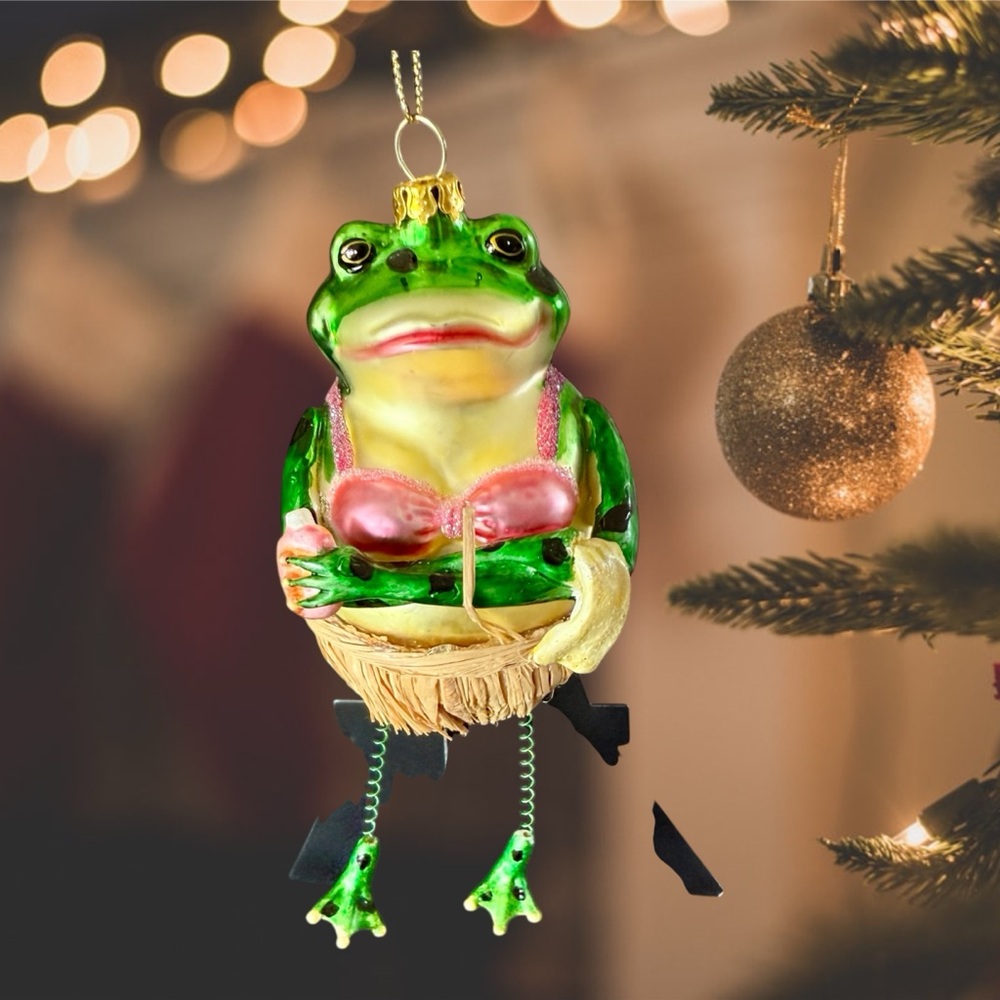 Glass Hawaiian Frog Ornament Hula Grass Skirt Beach Tropical Pink Bikini